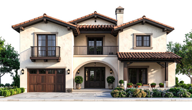Mediterranean-style two-story stucco home with tiled roof and arched entryway - Powered by Adobe