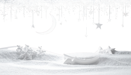 Snowy scene featuring crescent moon, stars, and decorative snow elements