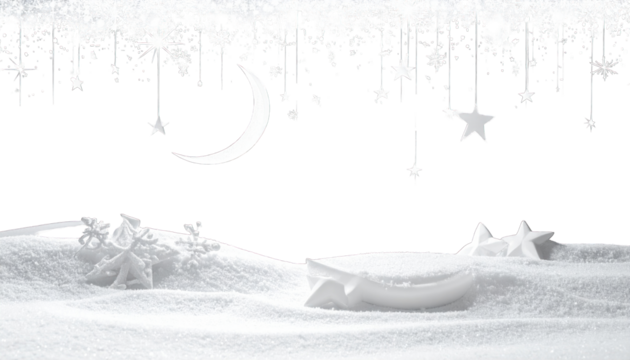 Snowy scene featuring crescent moon, stars, and decorative snow elements