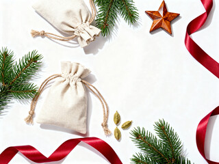 Decorative fabric bags on white background with pine branches and ribbon  
