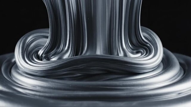 Ultra slow motion close-up of thick silver liquid ink swirling and stretching unnaturally in a dark void implying temporal manipulation ink in water, dark backdrop, experimental