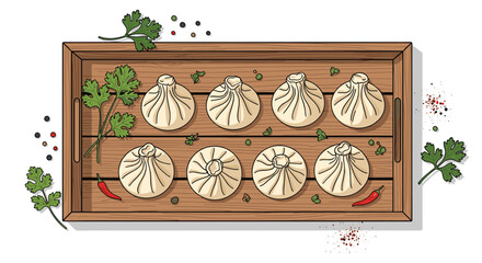 Authentic Khinkali dumplings served on rustic wood tray with fresh cilantro and spicy red pepper accents, perfect for food blogs and menus