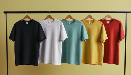 Colorful tshirts on hangers on wooden wall background 3d mockup tshirt
10