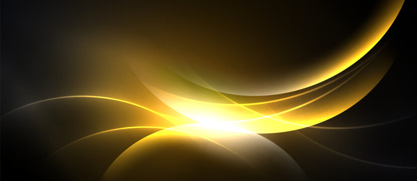 Abstract golden waves radiate from bright center. Dark background emphasizes luminous curves, creating dynamic visual effect.