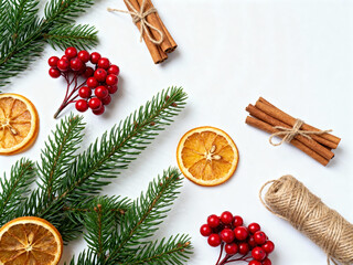 Christmas decorations with dried oranges, cinnamon, and berries  