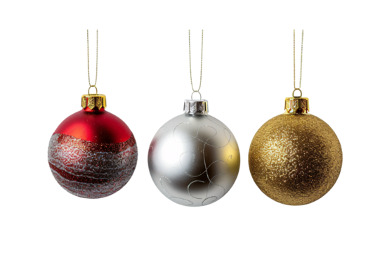 Three shiny Christmas baubles in red, gold, and silver, isolated on a white background, clean shadows - Powered by Adobe