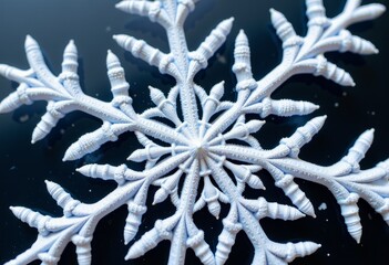 Intricately Detailed Snowflake Captured Against Dark Backdrop Showcasing Stunning Symmetrical Ice Crystal Formations and Delicate Frost Patterns