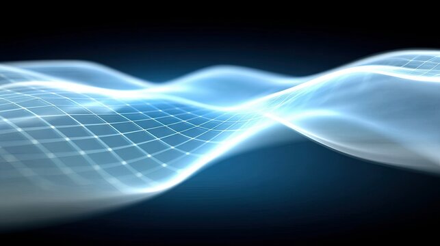 A glowing blue grid forms a flowing wave pattern against a dark background, with soft light highlighting the contours and creating a sense of depth and movement