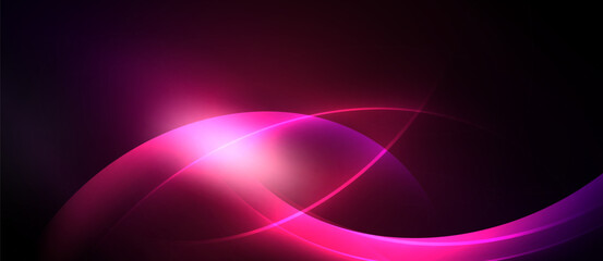 Abstract pink curves radiate light against dark background. Smooth shapes create dynamic visual effect. Modern design element.