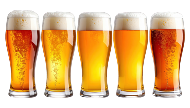 Five tall glasses of beer show distinct shades of amber to brown, frothy heads