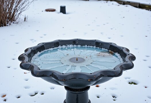 A black birdbath stands in a snow-covered garden, partially filled with water and delicate ice patterns in a serene winter landscape.
