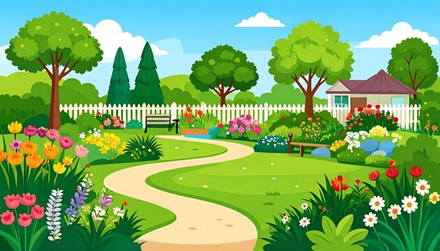 A cartoon landscape of a garden with a winding path, flowers, trees, benches, and a small house in the background