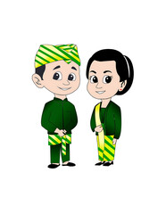 Cute Cartoon Couple Wearing Traditional Indonesian Cultural Clothing