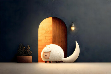 A fluffy, smiling sheep with a crescent moon tail stands in front of an open, glowing arched doorway under a lone hanging light, creating a serene and whimsical scene perfect for Ramadan greetings
