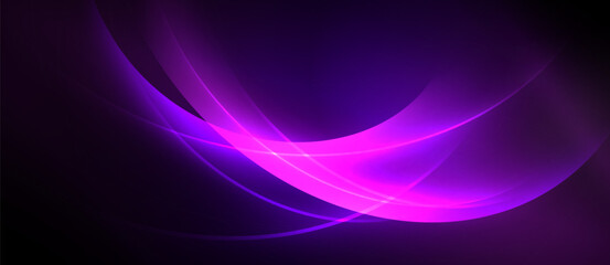 Abstract purple waves, bright light streaks. Dark background creates dramatic visual impact, modern design element.