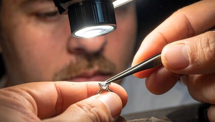 Man uses tweezers and lamp to examine a small, delicate ring with a gem; close-up focus on hands and jewelry