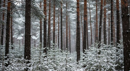 Fototapeta premium Winter Forest Scene - Snow-Covered Trees in a Tranquil Landscape.