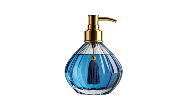 Elegant perfume bottle with blue liquid, gold pump and decorative tassel, isolated