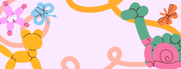 Cute animal balloon banner with cat, dino, snail, starfish and butterflies. Background for children party. Fun kids design for birthday card, invitation, nursery decor, celebration print. Vector card