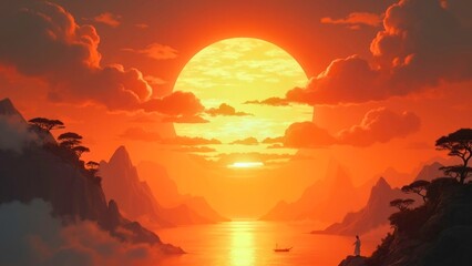 Illustration of the Sunset Scene in the Sea of Yan Guang Mountain