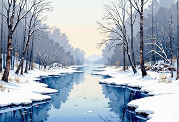 Tranquil Winter Landscape with Snow-Covered Trees and a Calm River Reflecting the Clear Sky with Majestic Mountain View in the Background