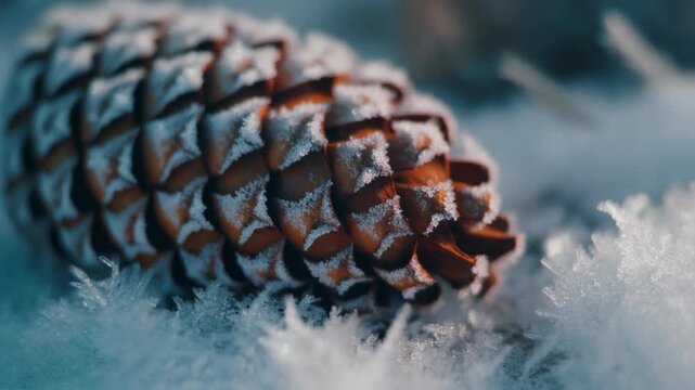 Macro Shot of a Pinecone Covered in Frost and Snow in a Winter Setting nature