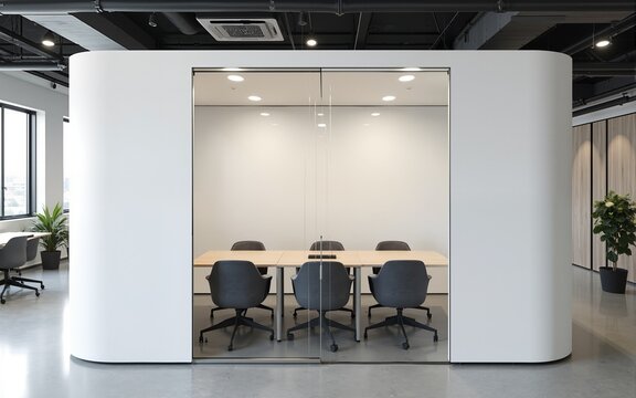 A modern white soundproof meeting pod with glass walls in a contemporary open-plan office. High quality