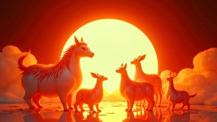 Fototapeta premium Illustration of a herd of elk under the flame by the lake