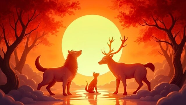 Illustration of a herd of elk resembling a forest under the blazing light