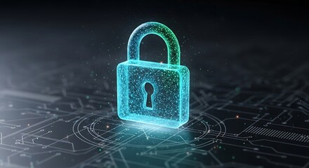 A glowing digital padlock icon representing cybersecurity and data protection on a circuit board background.