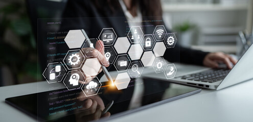 Hexagon interface combining AI, data, analytics, and cybersecurity. AI connects systems, data drives analytics, data supports decisions, and AI enables smart business infrastructure. Latch