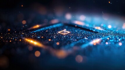 An abstract digital background with glowing blue and orange particles and a central geometric shape, creating a futuristic and luminous effect.