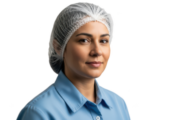 A portrait of a woman wearing a light blue shirt and a shower cap, bandage, blue, bonnet, cloth, hairnet, head, headscarf, portrait, scrub, shirt, smile, veil, wear, white, woman 