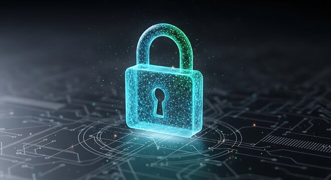 A glowing digital padlock icon representing cybersecurity and data protection on a circuit board background.