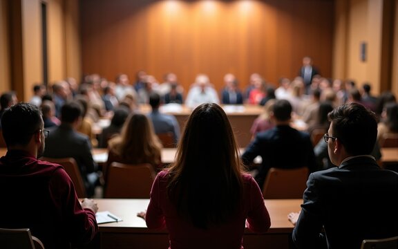 town hall meeting with citizens engaging in discussions democratic process of dialogue. community involvement, open and inviting space, people sitting with their backs towards camera, no faces seen
