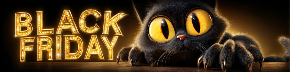 Close-up of a fierce black cat with glowing golden eyes and sharp claws stands beside a bright gold “BLACK FRIDAY” sign on black background, in a dark, cinematic Halloween atmosphere. Generative AI.