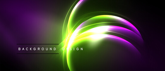 Abstract neon lights create dynamic curves. Purple, green hues blend into dark background. Modern design element for digital projects.