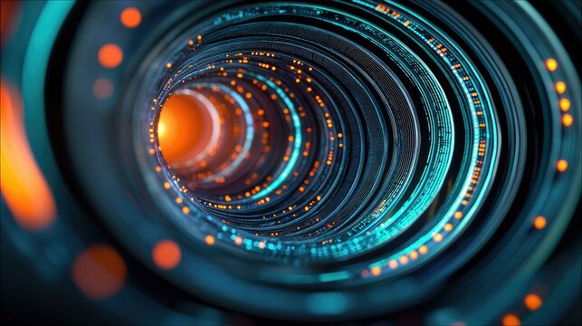 An abstract, futuristic digital tunnel with glowing orange and teal lights, suggesting data flow and advanced technology. The perspective draws the viewer into