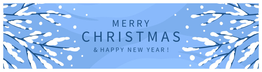Merry Christmas and Happy New Year greeting background. Xmas design for winter holidays, ads, sale. Banner for winter holidays with with snow-covered tree branches. 