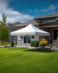 White pop up canopy tent stands on green lawn in front of suburban house, sunny day, outdoor event, peaceful atmosphere