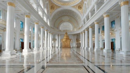 Grand Ornate Hall With White Columns and Golden Chandelier Majestic Interior Architecture with Polished Marble Floor and Arched Windows - Powered by Adobe
