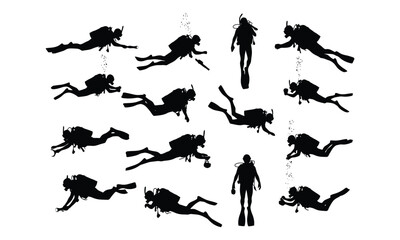 Scuba diver silhouettes set for underwater activity concepts