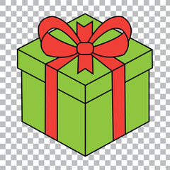 A simple isometric illustration of a closed green gift box tied with a red ribbon and a decorative bow for xmas.