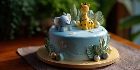 Blue safari-themed cake with elephant and giraffe toppers in natural setting