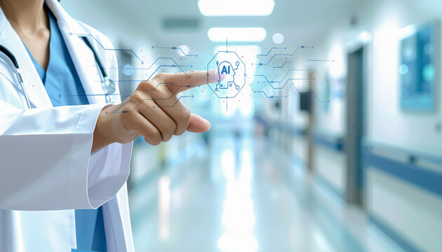 Medical professional interacting with futuristic AI interface in a modern hospital environment, representing healthcare technology and digital innovation.