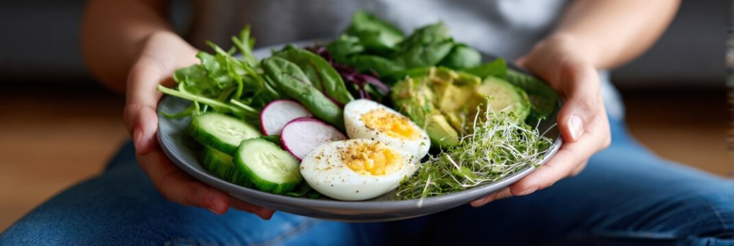 Healthy salad with avocado, eggs, and fresh vegetables in hands