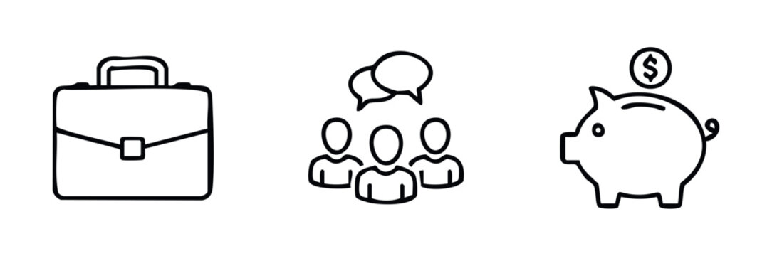 Business icons representing finance, communication, and work, suitable for corporate presentations, financial planning graphics, and collaborative project visuals.