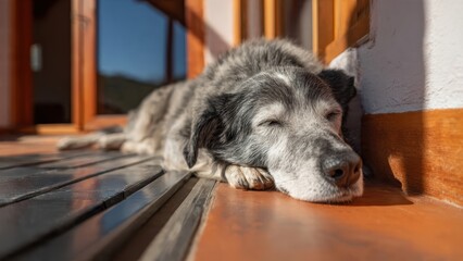 A peaceful dog rests on a wooden floor, basking in sunlight near a window, showcasing tranquility and comfort.
