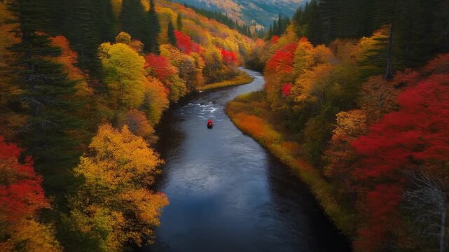 Winding River Through Autumn Forest with Red and Yellow Foliage Keywords: autumn, fall, river, forest, trees, foliage, colorful, red