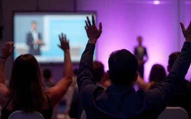 The engaged audience raising hands during an interactive presentation at a conference. High quality